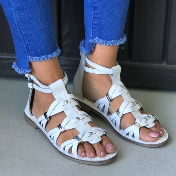Distressed White Leather Roman Gladiator Sandals - Picture 2 of 5